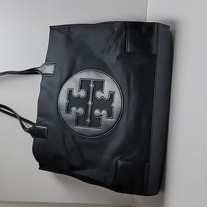 Tory Burch Ella Tote in Black Nylon with Patent Trim.